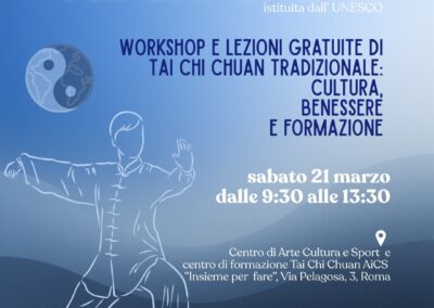 A Roma la Giornata Internazionale del Tai Chi Chuan: il 21 marzo workshop e tavola rotonda promossi da AiCS